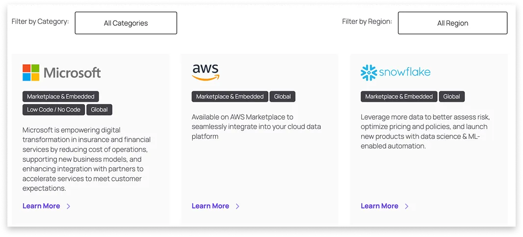 Partner showcase section with logos and descriptions for Microsoft, AWS, and Snowflake. Each card includes tags like “Marketplace & Embedded” and “Global,” with summaries of each company’s offering and a “Learn More” link.