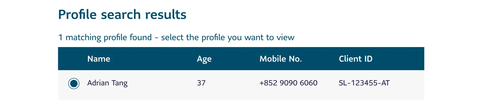Profile search result in the Advisor App showing one match: Adrian Tang, age 37, mobile number +852 9090 6060, and client ID SL-123455-AT. The design is clean and minimal with a dark blue header row.