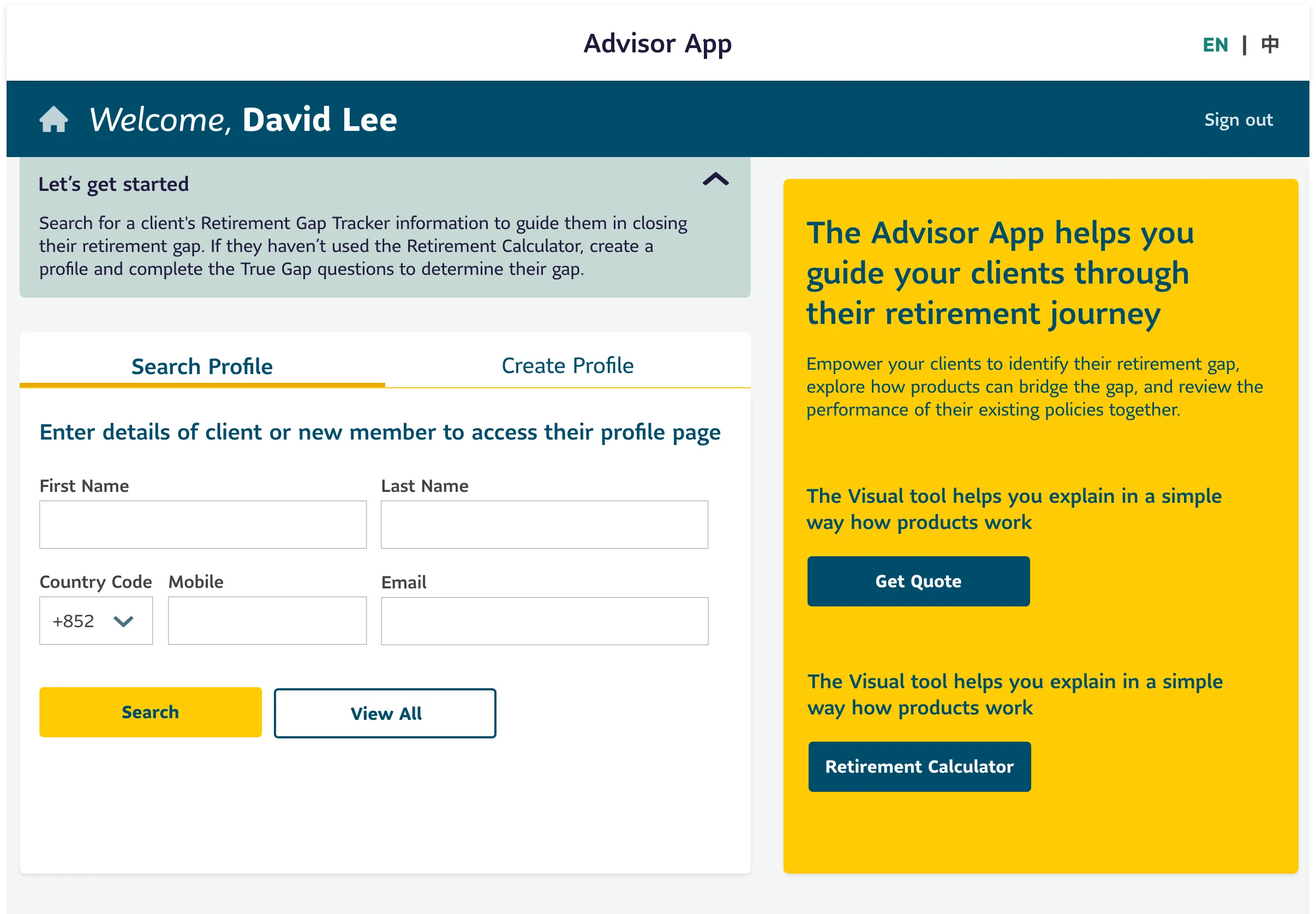Screenshot of the Advisor App's client search screen where users can search or create profiles using fields like name, mobile, and email. The panel on the right promotes tools like the Retirement Calculator and Get Quote button, guiding clients to explore retirement gap solutions through interactive tools.