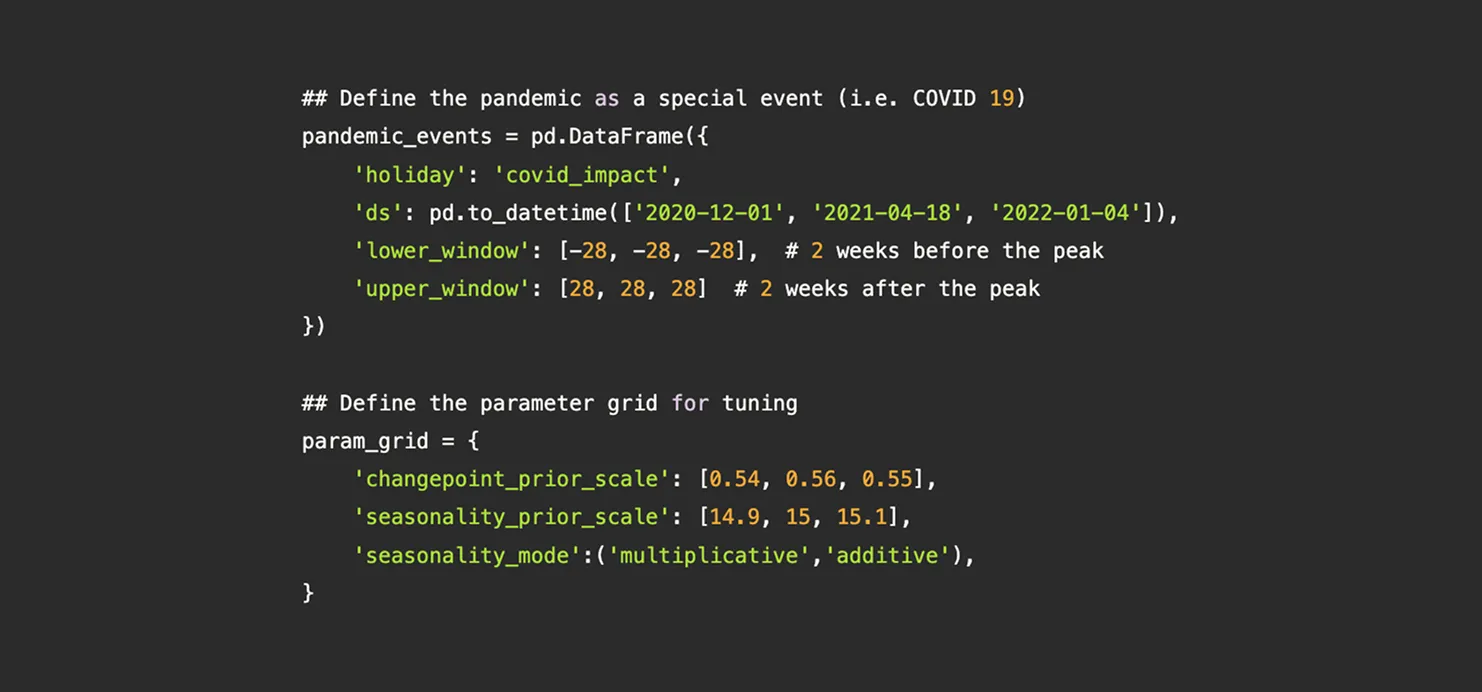 Code block showing how COVID-19 is modeled as a holiday effect in time series forecasting.