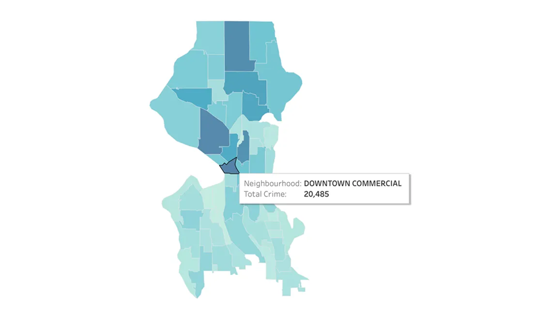Map displaying different crime type in different area with total crime amounts highlighted