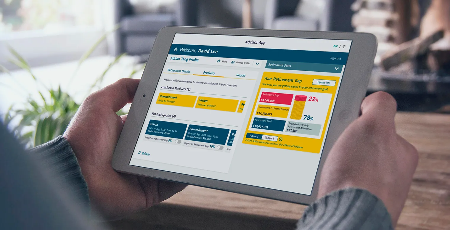 A person holds a white tablet displaying an advisor app interface for a user named David Lee. The screen shows retirement planning tools, including purchased insurance products like “Commitment” and “Vision,” and a colorful dashboard highlighting a 22% retirement gap and 78% projected savings toward a retirement goal of over $18 million.