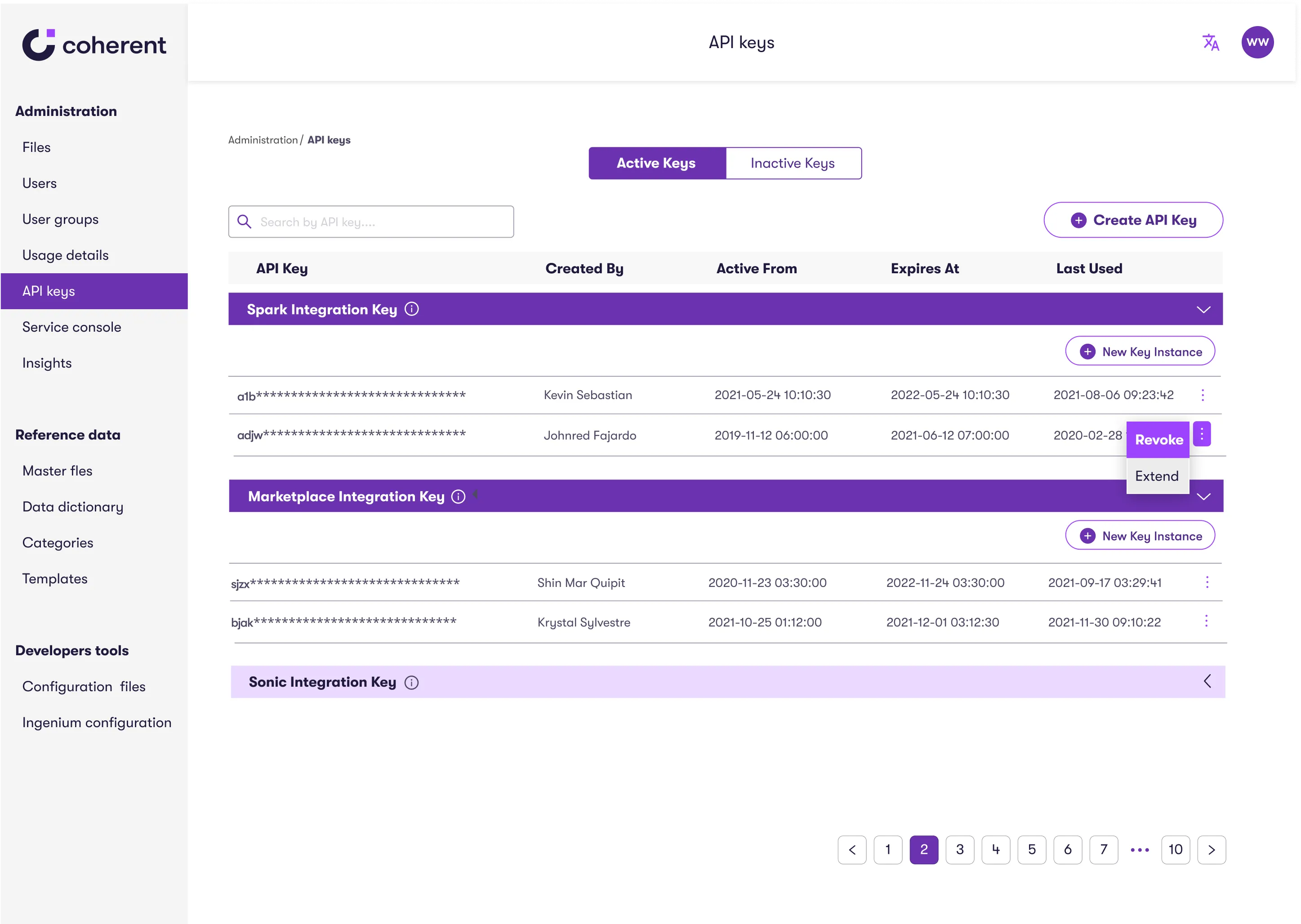 Screenshot of the "API Keys" management page on Coherent's admin dashboard. It shows three integration key sections—Spark, Marketplace, and Sonic—with detailed tables listing key IDs (partially masked), creators' names, activation and expiration dates, and last used timestamps. Action buttons like “Create API Key,” “New Key Instance,” “Revoke,” and “Extend” are visible, alongside a navigation bar on the left for various admin and developer tools.