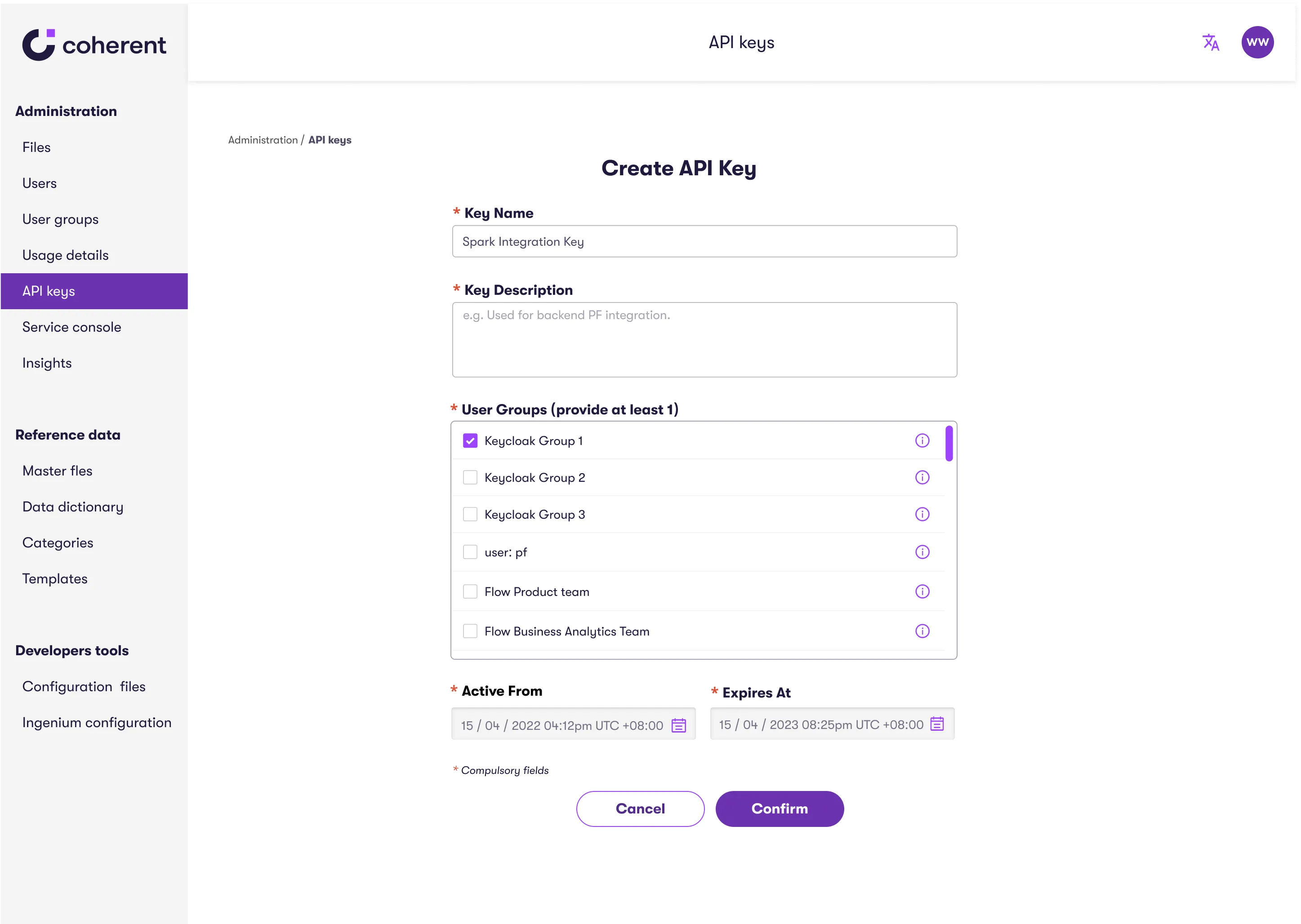 Form interface for creating a new API key within the Coherent platform. The form includes fields for key name and description, user group selection, and date pickers for active and expiry times. A sidebar menu shows navigation options like API keys, Master files, and User groups