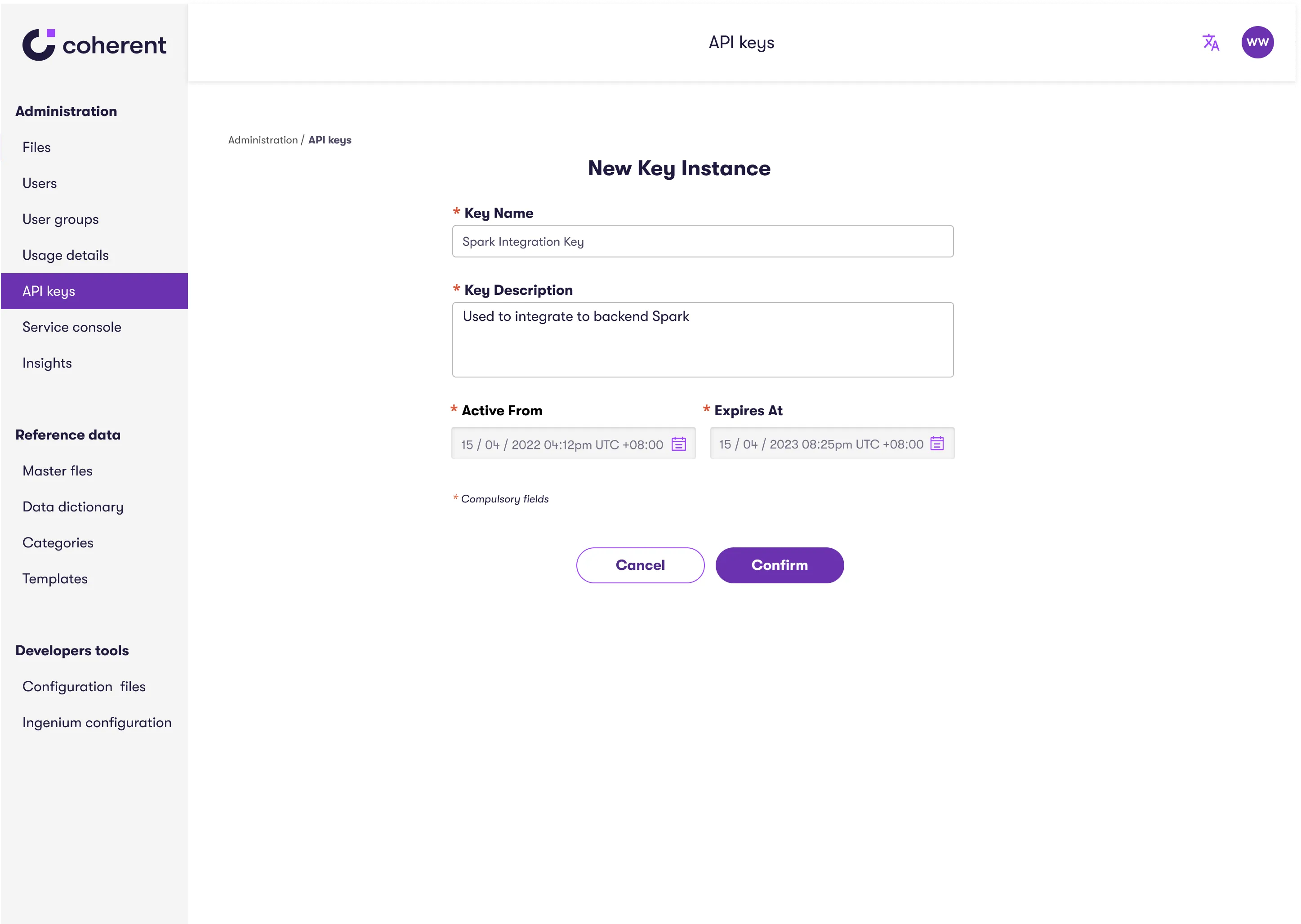 Form titled "New Key Instance" for creating a Spark Integration Key, including fields for the key name, description ("Used to integrate to backend Spark"), and a date/time selector for the activation and expiration period. Two purple buttons at the bottom allow the user to cancel or confirm the action.