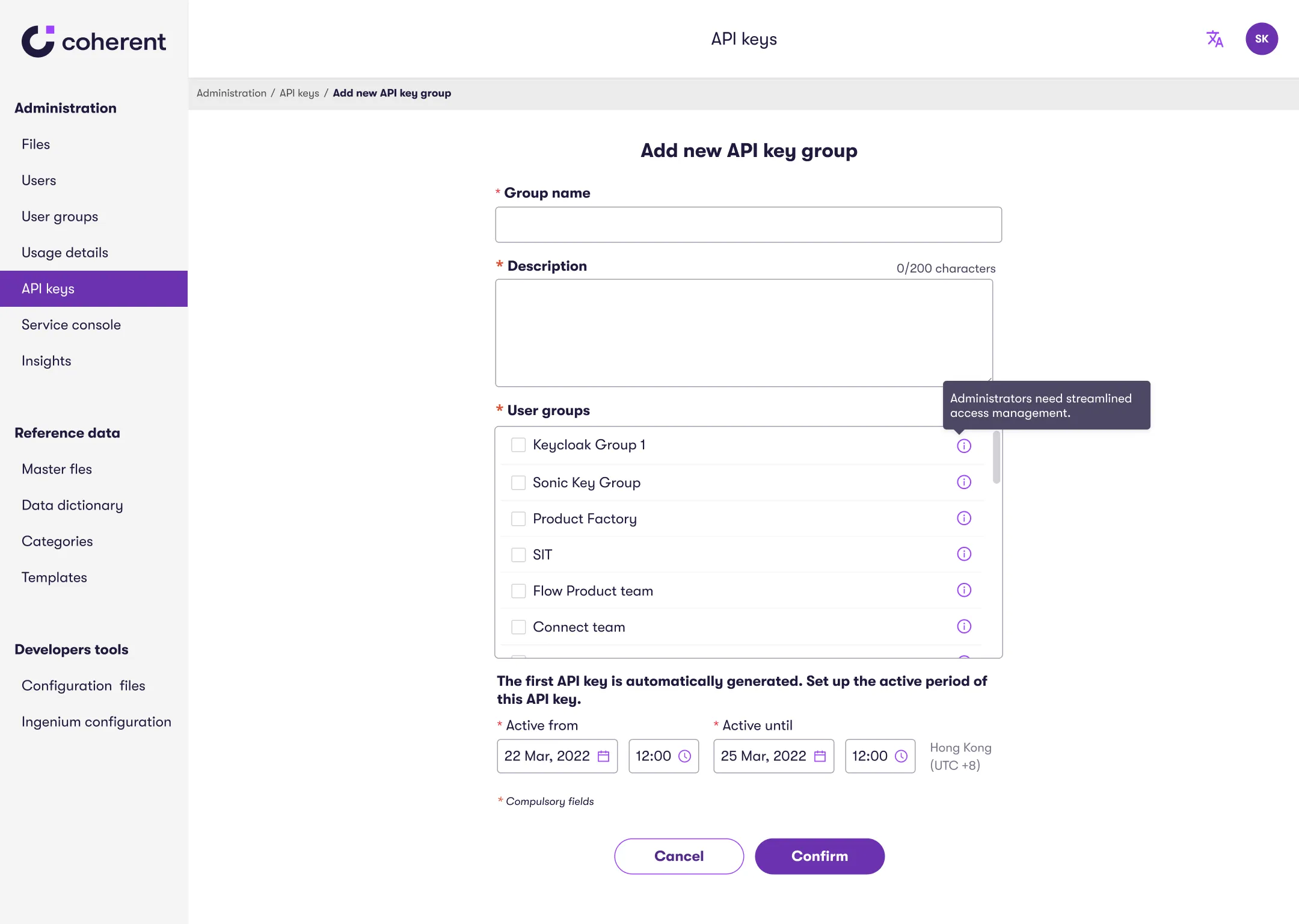Form interface for creating a new API key group with fields for group name, description, and selecting user groups like "Keycloak Group 1" or "Flow Product team." There are also date and time pickers to set the activation period. "Cancel" and "Confirm" buttons appear at the bottom.