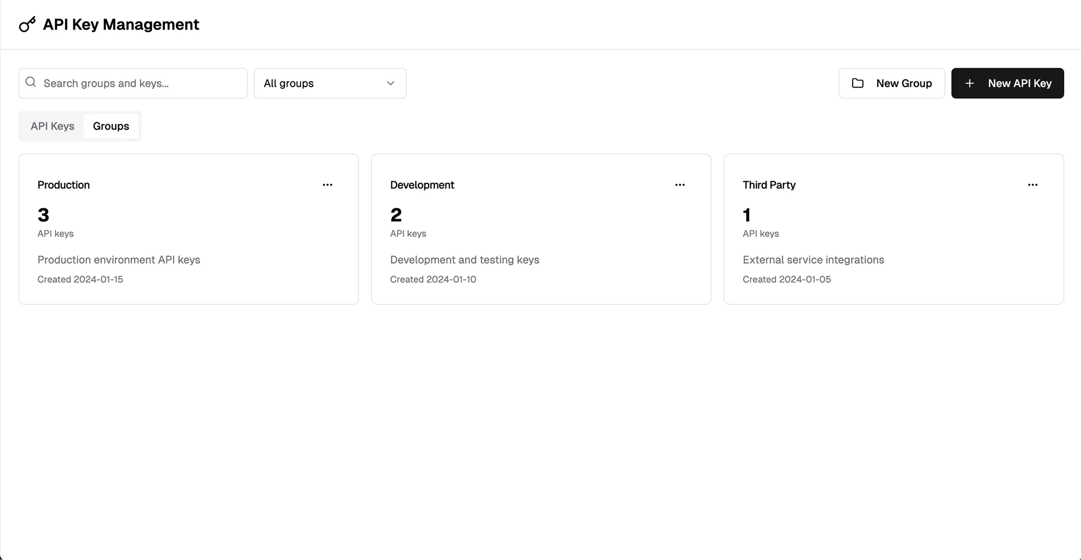 API Key Management interface displaying three grouped cards labeled Production, Development, and Third Party. Each card shows the number of API keys, a brief description, and creation date. A search bar and group filter are at the top, with buttons for creating a new group or new API key in the top right corner. The layout is minimal and clean with a white background.