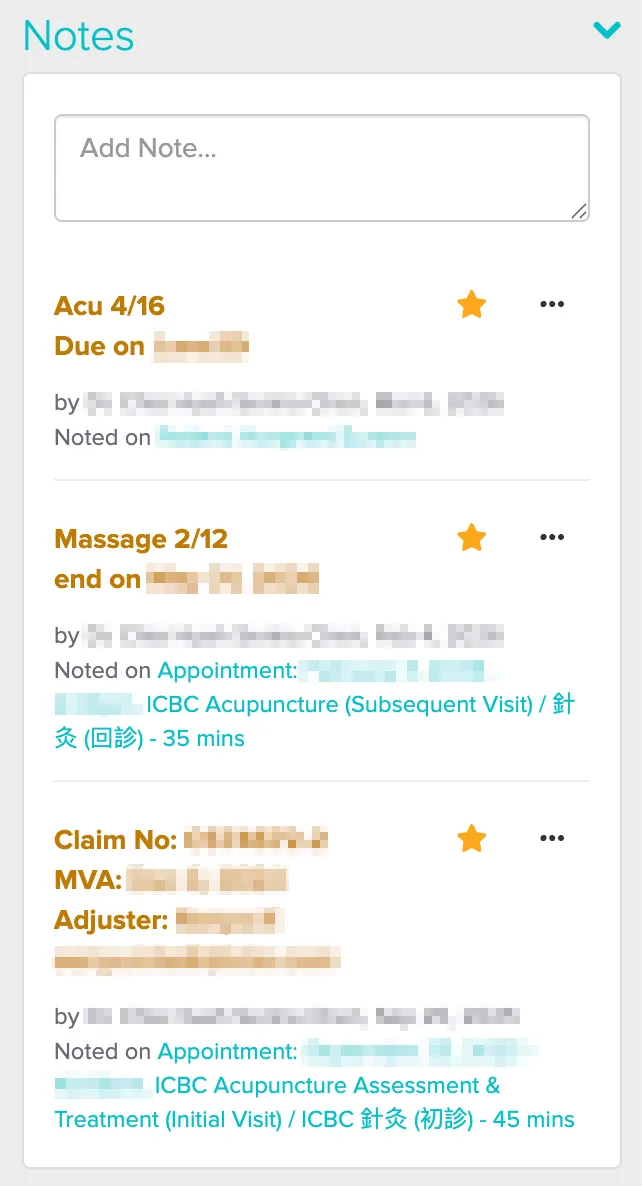 Notes section with input box for adding notes and three entries showing Acu 4/16 due date, Massage 2/12 end date with appointment details, and Claim information with adjuster details.