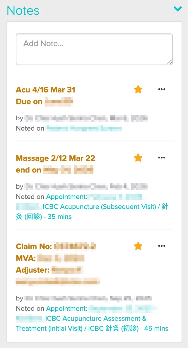Digital notes interface showing entries for Acu 4/16 on Mar 31, Massage 2/12 on Mar 22, and a claim number with MVA and adjuster details, each with appointment details for ICBC Acupuncture treatments.