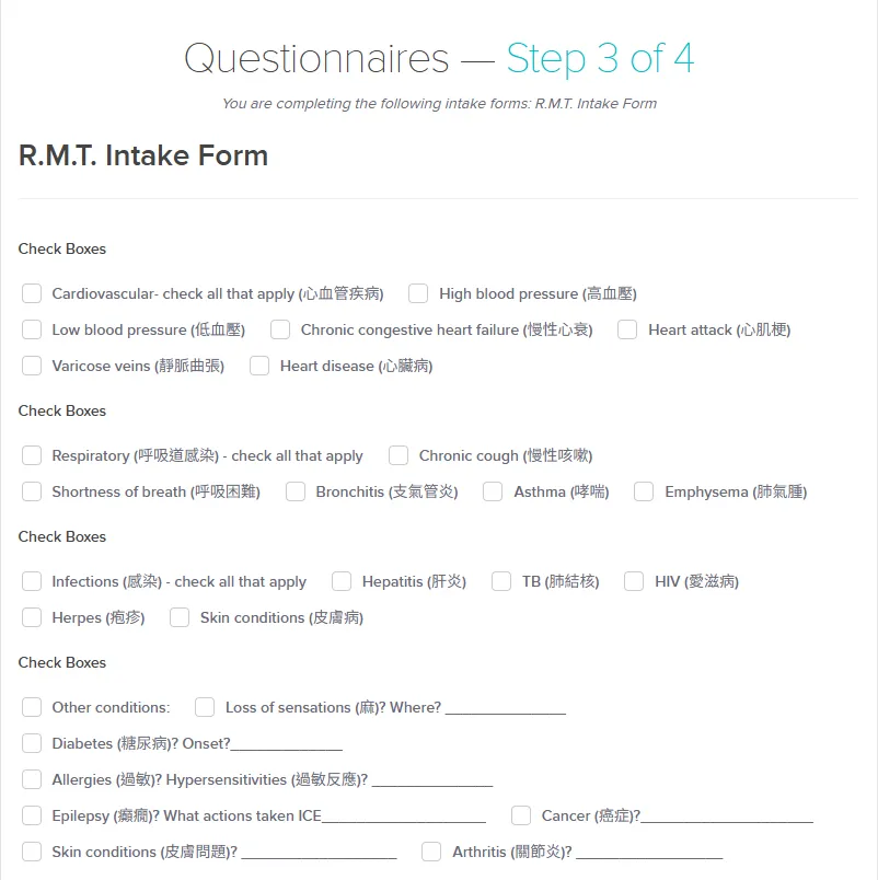 Intake form questionnaire step 3 of 4 with check boxes for cardiovascular, respiratory, infections, and other medical conditions including diabetes, allergies, epilepsy, cancer, skin conditions, and arthritis.