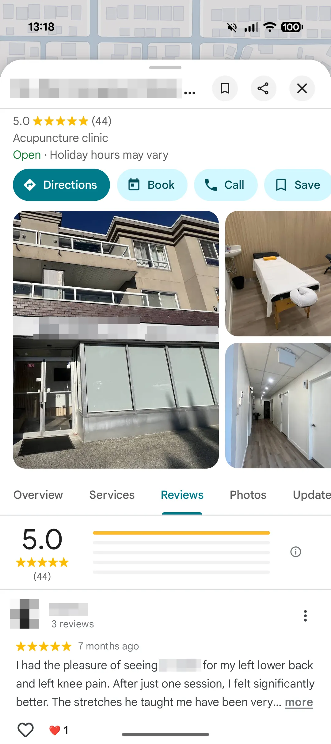 Google review page of an acupuncture clinic with a 5-star rating from 44 reviews, showing photos of the clinic exterior, treatment room, and hallway, along with a positive customer review mentioning relief from lower back and knee pain after one session.