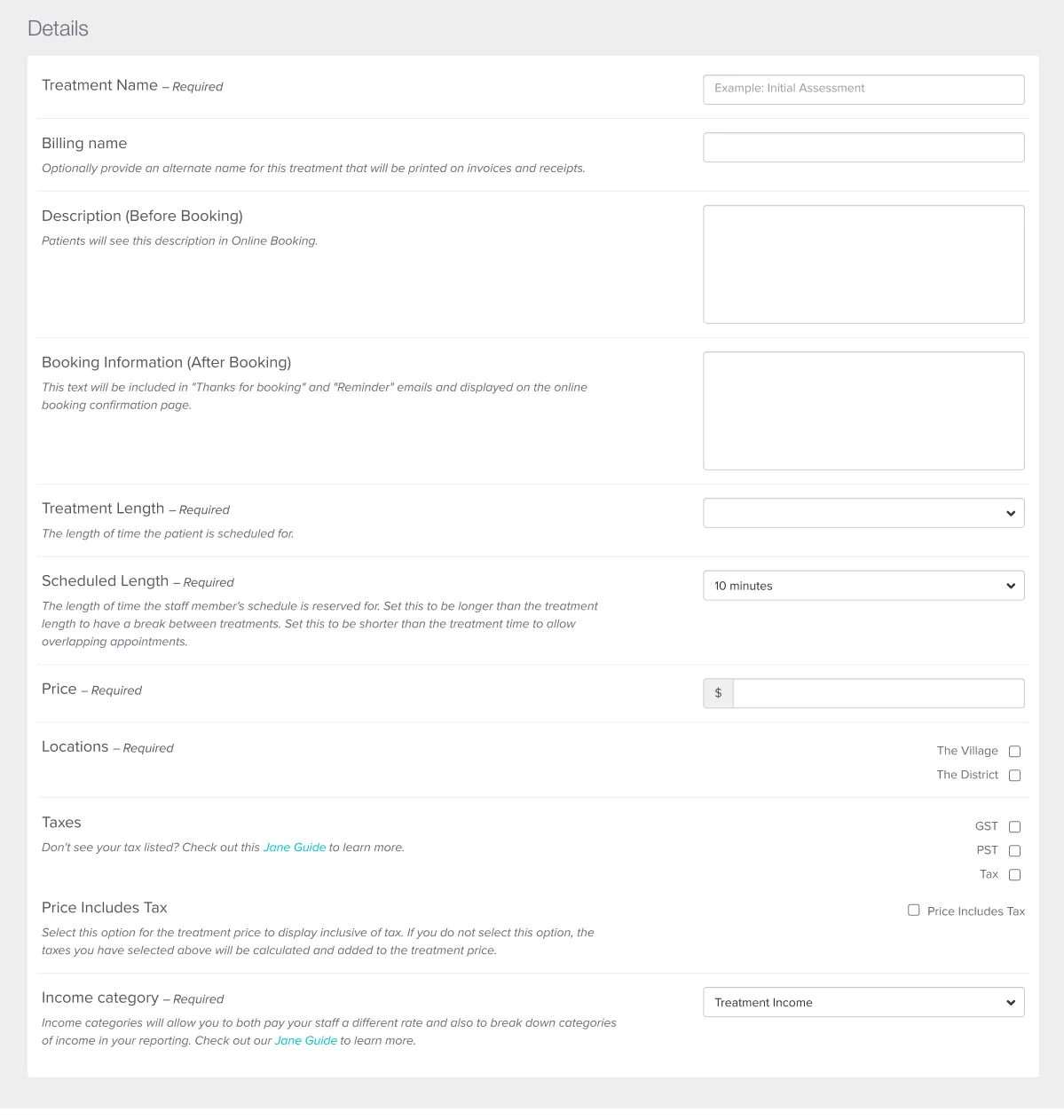 Form for entering treatment details including name, billing name, descriptions before and after booking, treatment and scheduled length, price, locations, taxes, price inclusion of tax, and income category.