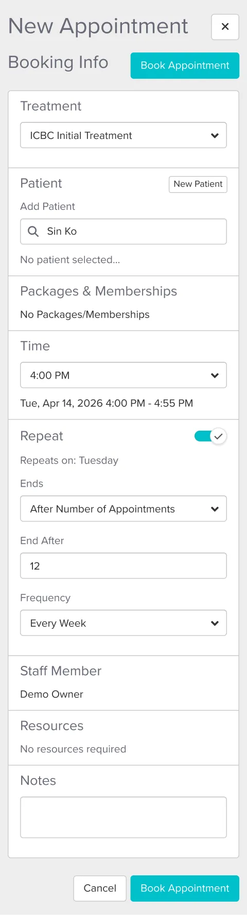 New appointment booking form featuring options for treatment selection, patient search, time, repeat schedule with frequency and end conditions, staff member assignment, resources note, and buttons to cancel or book the appointment.