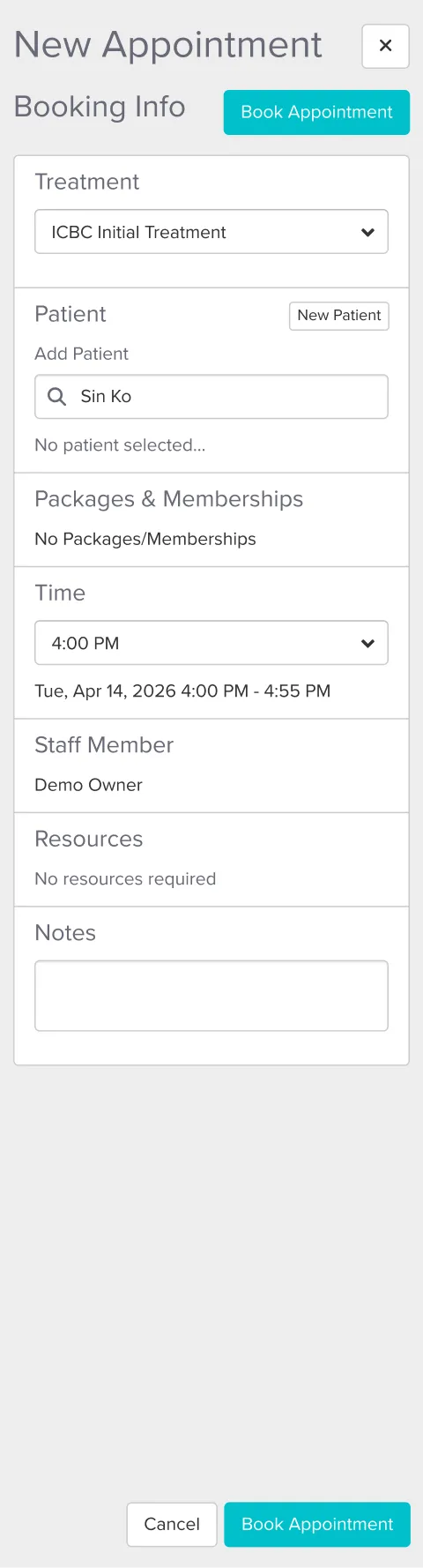 New Appointment booking form showing fields for treatment selection, patient search, time, staff member, resources, and notes with Book Appointment and Cancel buttons.