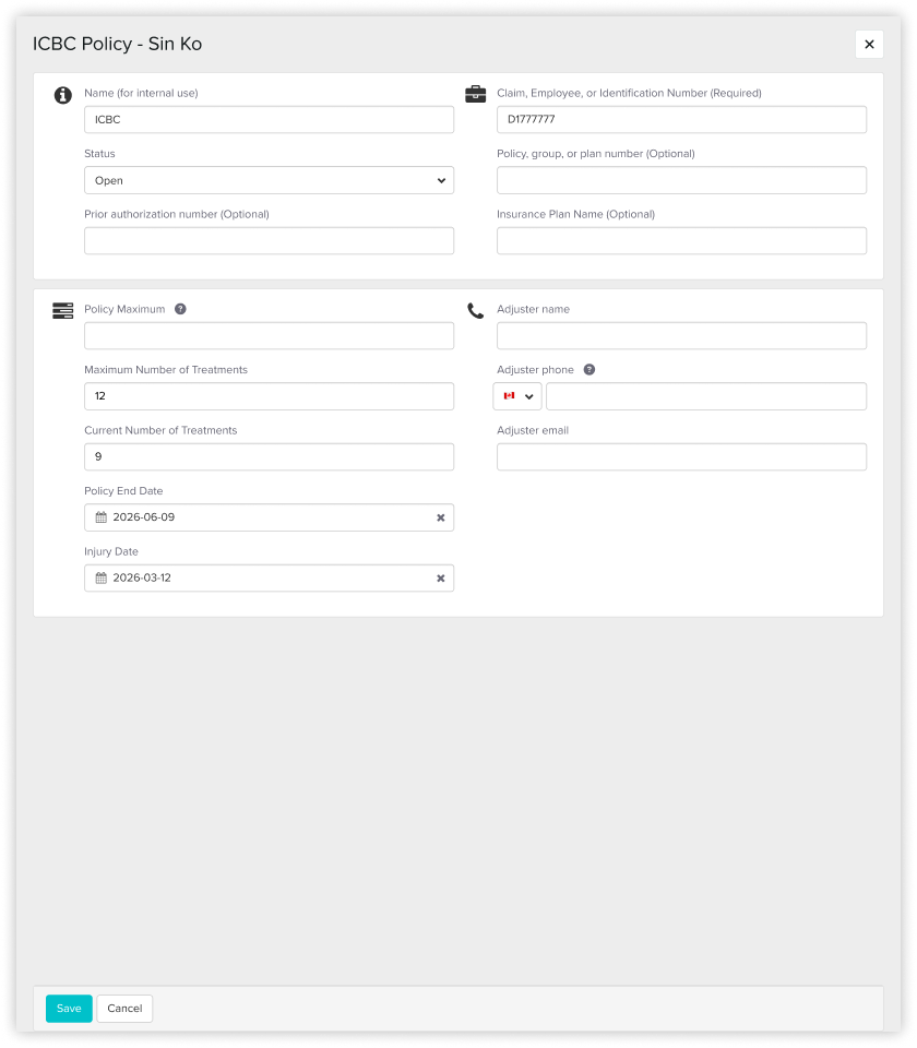 Form titled ICBC Policy - Sin Ko with fields for internal name, claim ID, status, policy number, treatment counts, policy end date, injury date, and adjuster contact details.