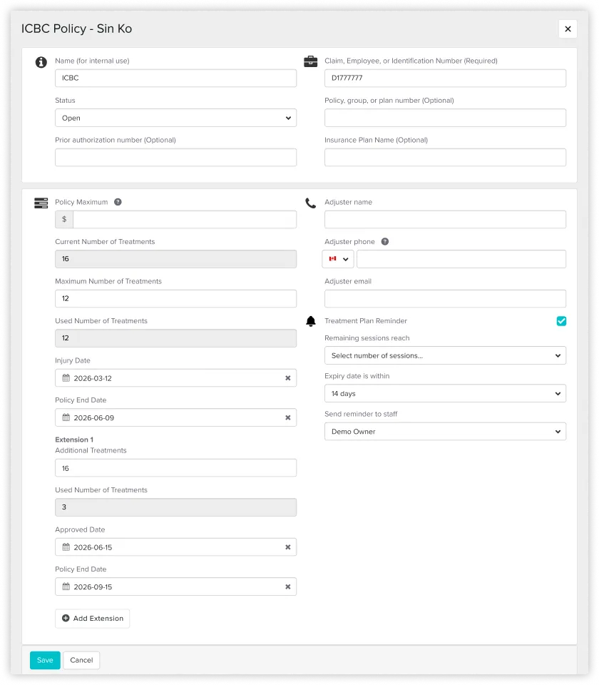 ICBC insurance policy form for Sin Ko showing details like claim number D1777777, status open, treatment counts, injury and policy dates, adjuster contact fields, and treatment plan reminder settings.