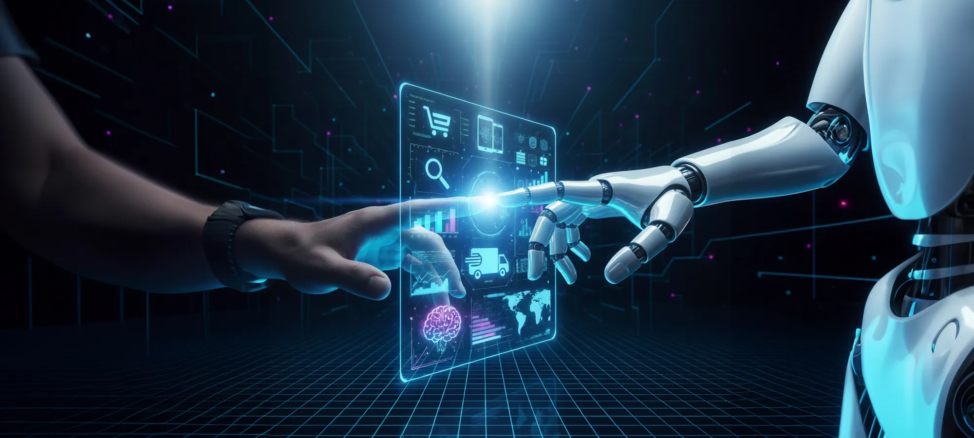Human and robot hands touching fingers through a glowing digital interface with icons and charts.