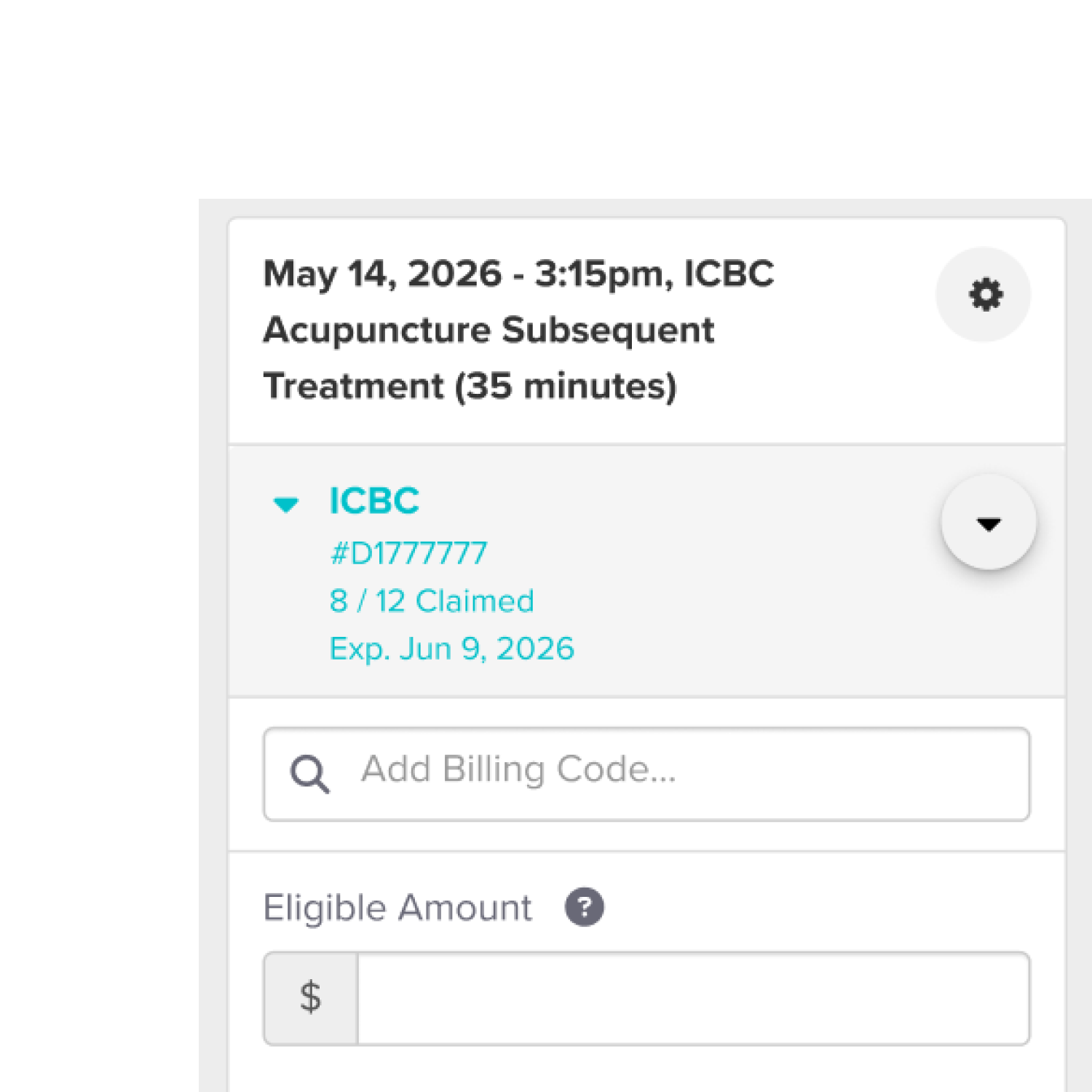 Appointment summary for Acupuncture Subsequent Treatment on May 14, 2026, at 3:15 pm with ICBC insurance showing 8 of 12 claims used and expiration on June 9, 2026.