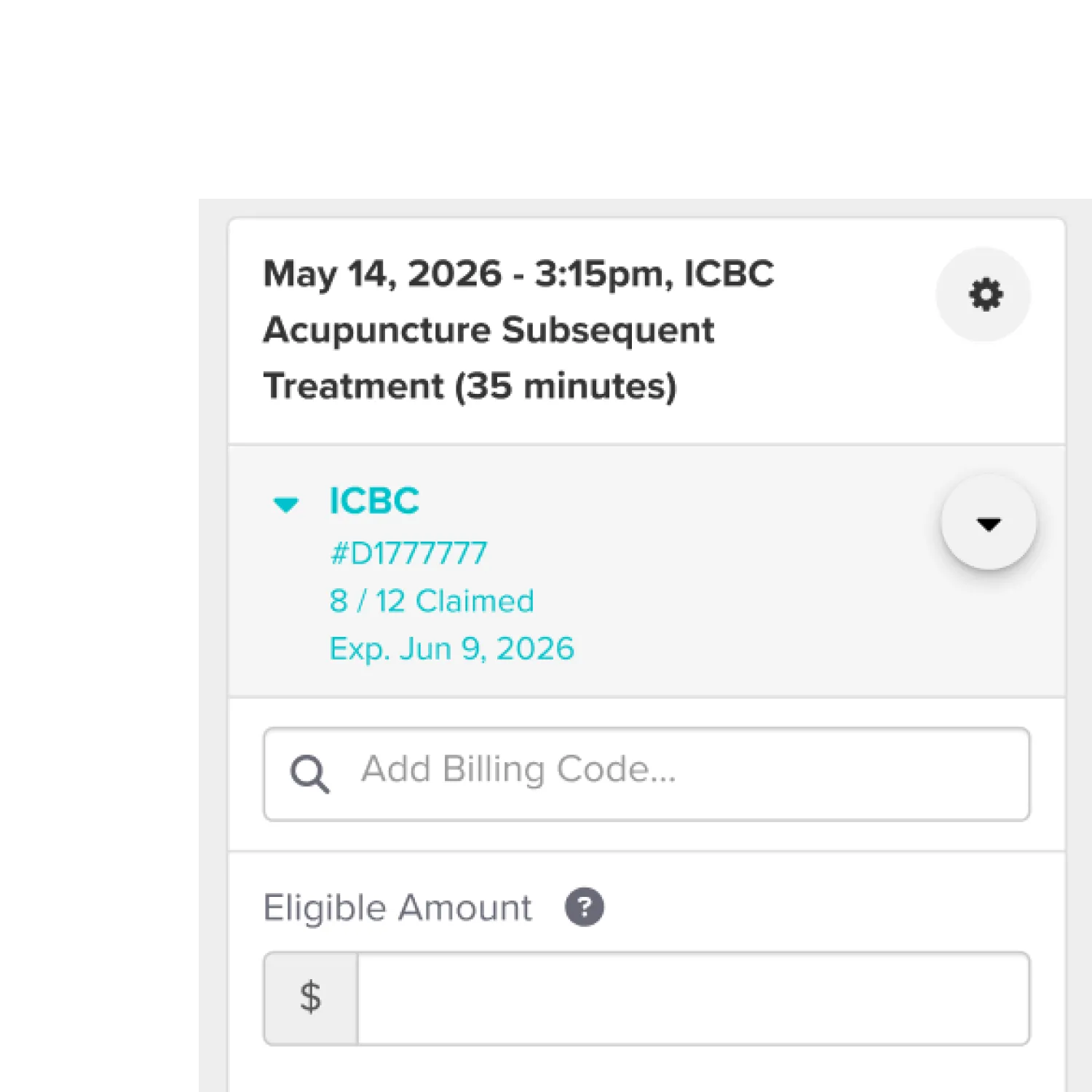 Appointment summary for Acupuncture Subsequent Treatment on May 14, 2026, at 3:15 pm with ICBC insurance showing 8 of 12 claims used and expiration on June 9, 2026.