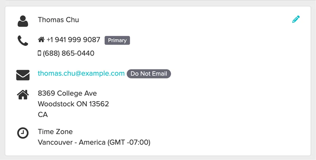 Contact details for Thomas Chu including primary phone +1 941 999 9087, secondary phone (688) 865-0440, email thomas.chu@example.com marked Do Not Email, address at 8369 College Ave, Woodstock ON 13562, CA, and time zone Vancouver - America (GMT -07:00).