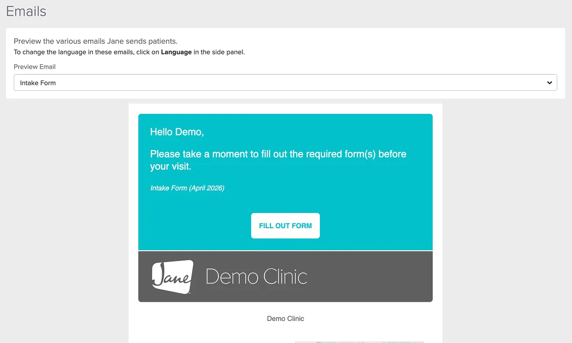 Email preview showing a message from Demo Clinic asking to fill out required intake forms before the visit with a prominent 'Fill Out Form' button.