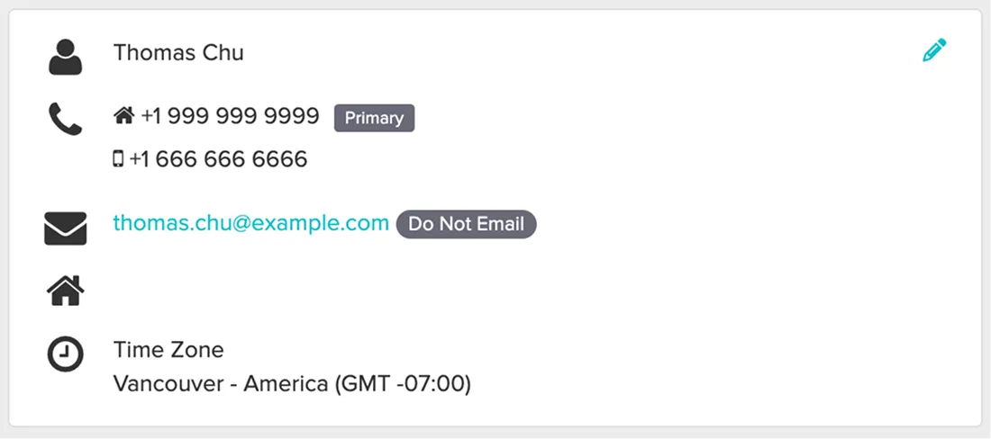 Contact info for Thomas Chu with phone numbers, email marked Do Not Email, and Vancouver time zone.