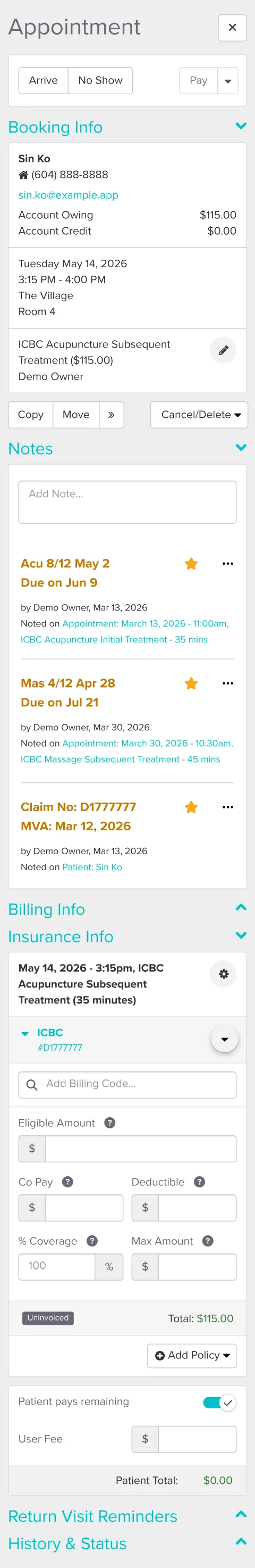 Appointment details for Sin Ko: ICBC acupuncture treatment on May 14, 2026, with billing and notes.