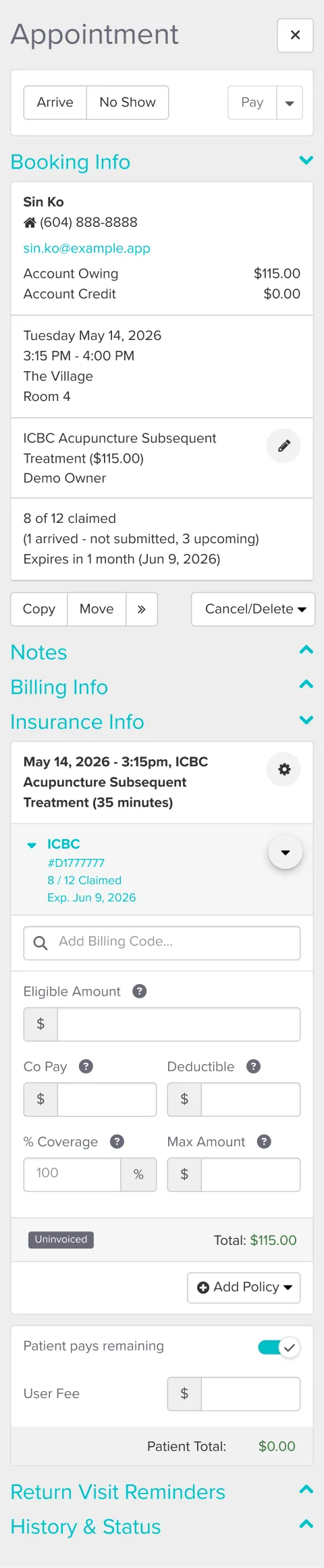 Appointment details for Sin Ko with date, time, location, cost, insurance, and billing information displayed.