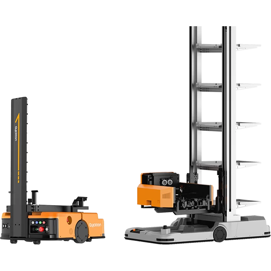 Automated warehouse robots with an orange and black mobile base unit and a tall storage rack handling system.