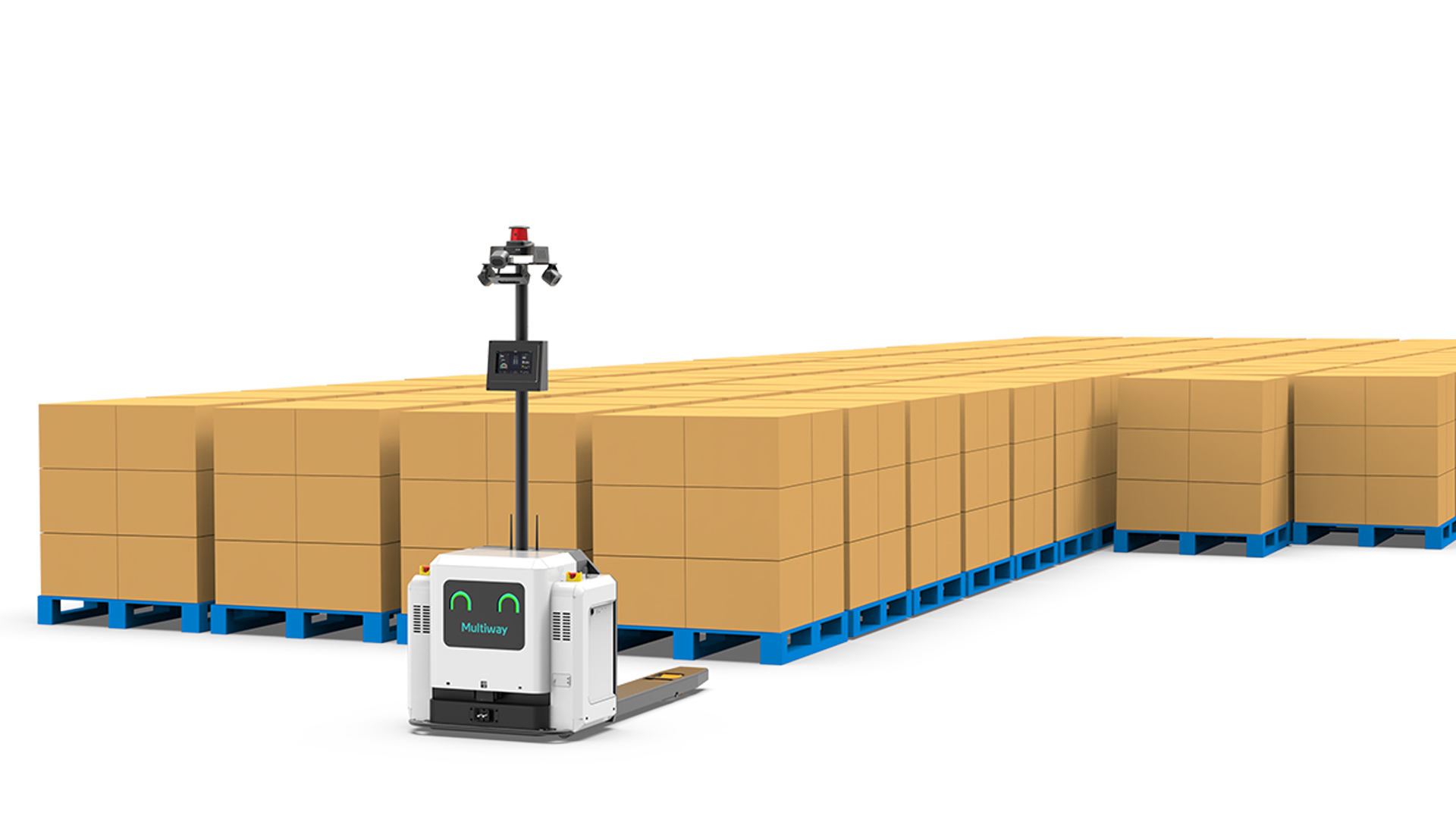 Automated pallet jack robot with a screen displaying a smiling face labeled Multiway, positioned in front of multiple stacked cardboard boxes on blue pallets.