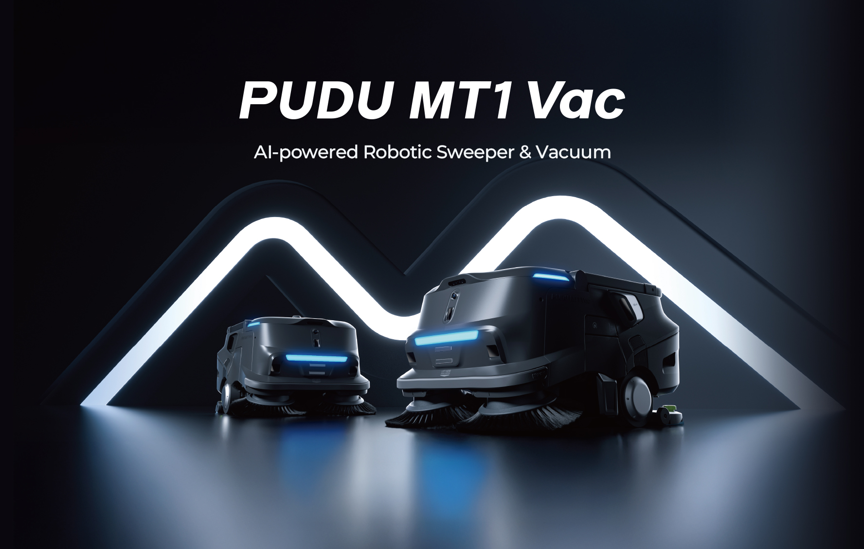 Two AI-powered PUDU MT1 robotic sweepers and vacuums with blue LED lights in a dark environment with illuminated geometric shapes in the background.