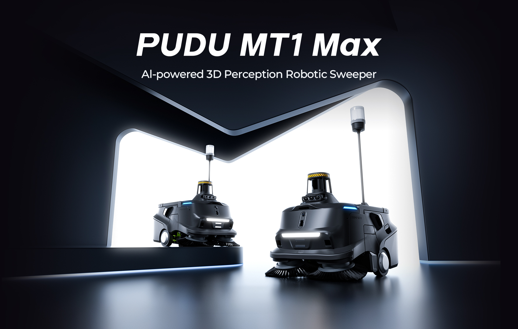 Two black PUDU MT1 Max AI-powered 3D perception robotic sweepers displayed in a futuristic dark room with bright white background light.