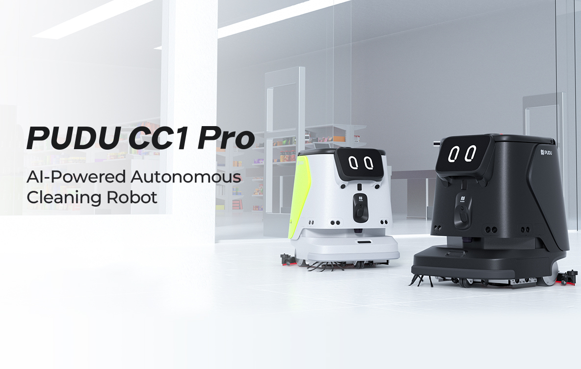 Two PUDU CC1 Pro AI-powered autonomous cleaning robots, one white and one black, displayed in a modern clean indoor space.