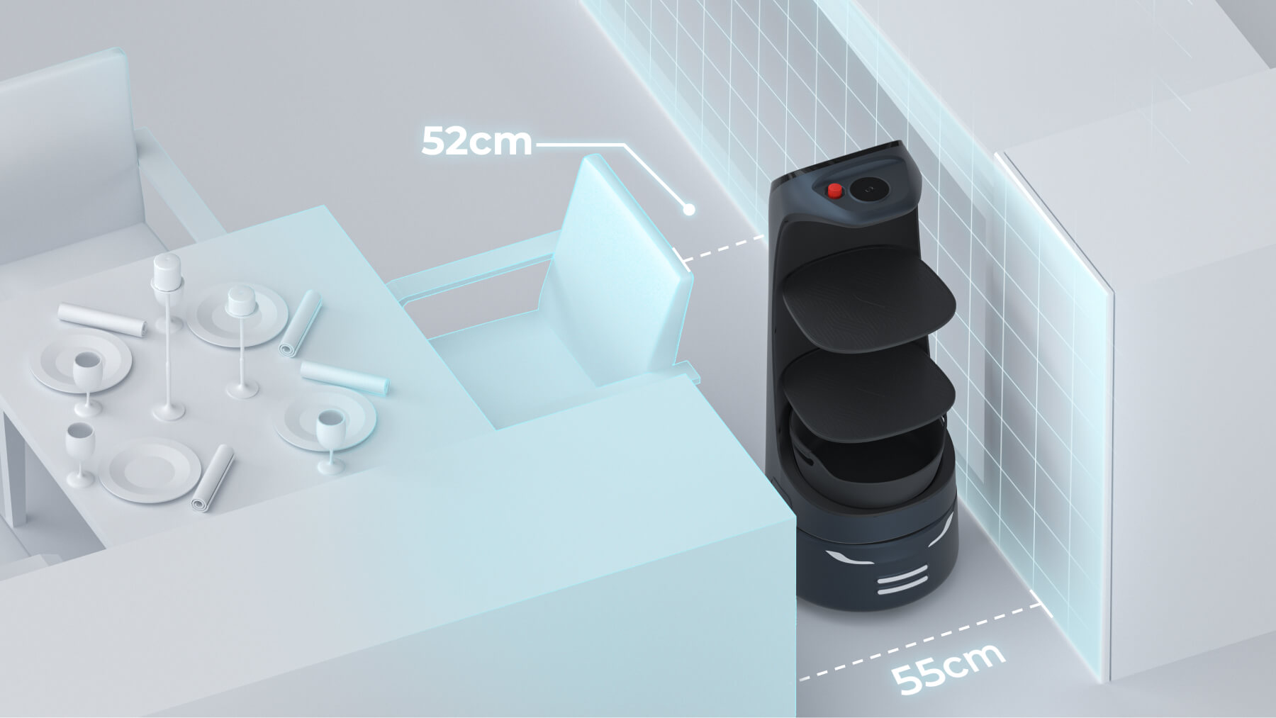Compact black service robot with shelves positioned in a narrow space next to a dining table and chair, showing dimensions 52cm by 55cm.