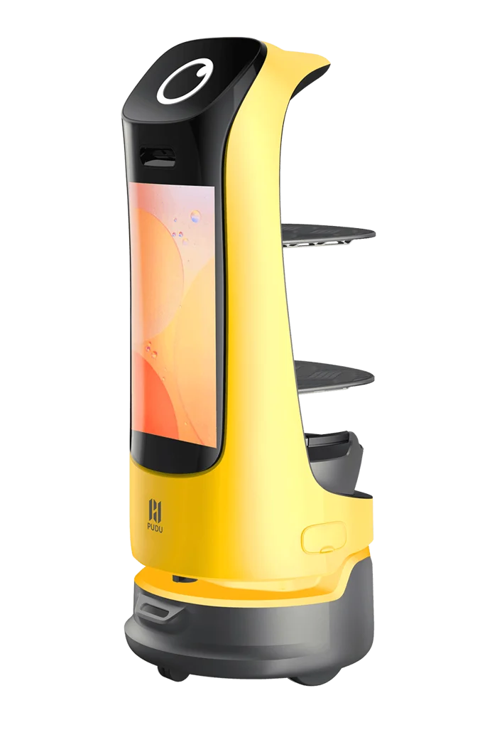 Yellow and black automated service robot with a touchscreen and two shelves for carrying items.