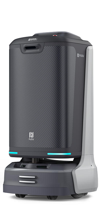 Pudu autonomous service robot with a sleek, modern design in gray and black colors.