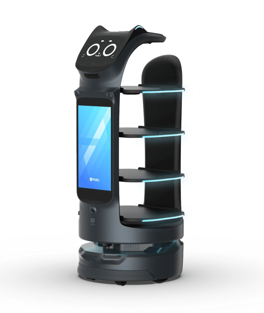 Black robotic service cart with four shelves, a touchscreen, and a cat-face design on top.