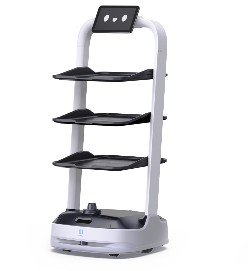 White and black robot with three shelves and a digital screen displaying a simple face.