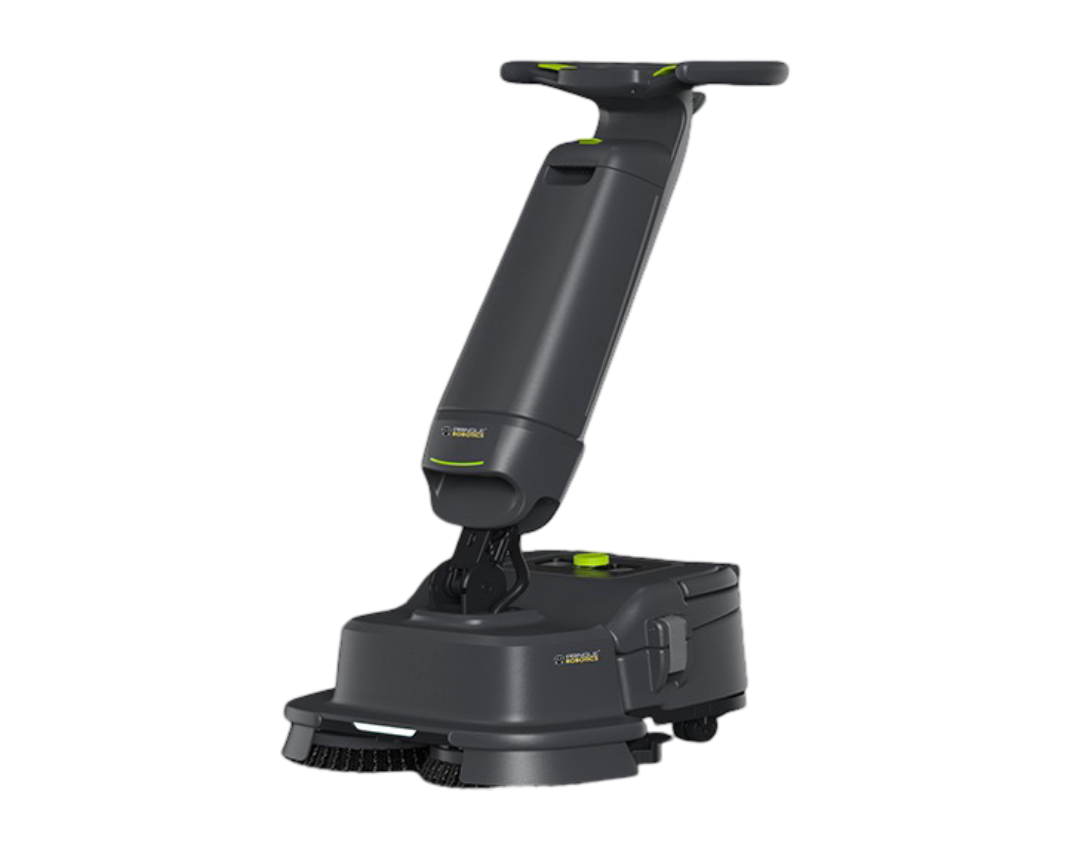 Compact floor scrubber machine with a black and green handle and rotating brush base.