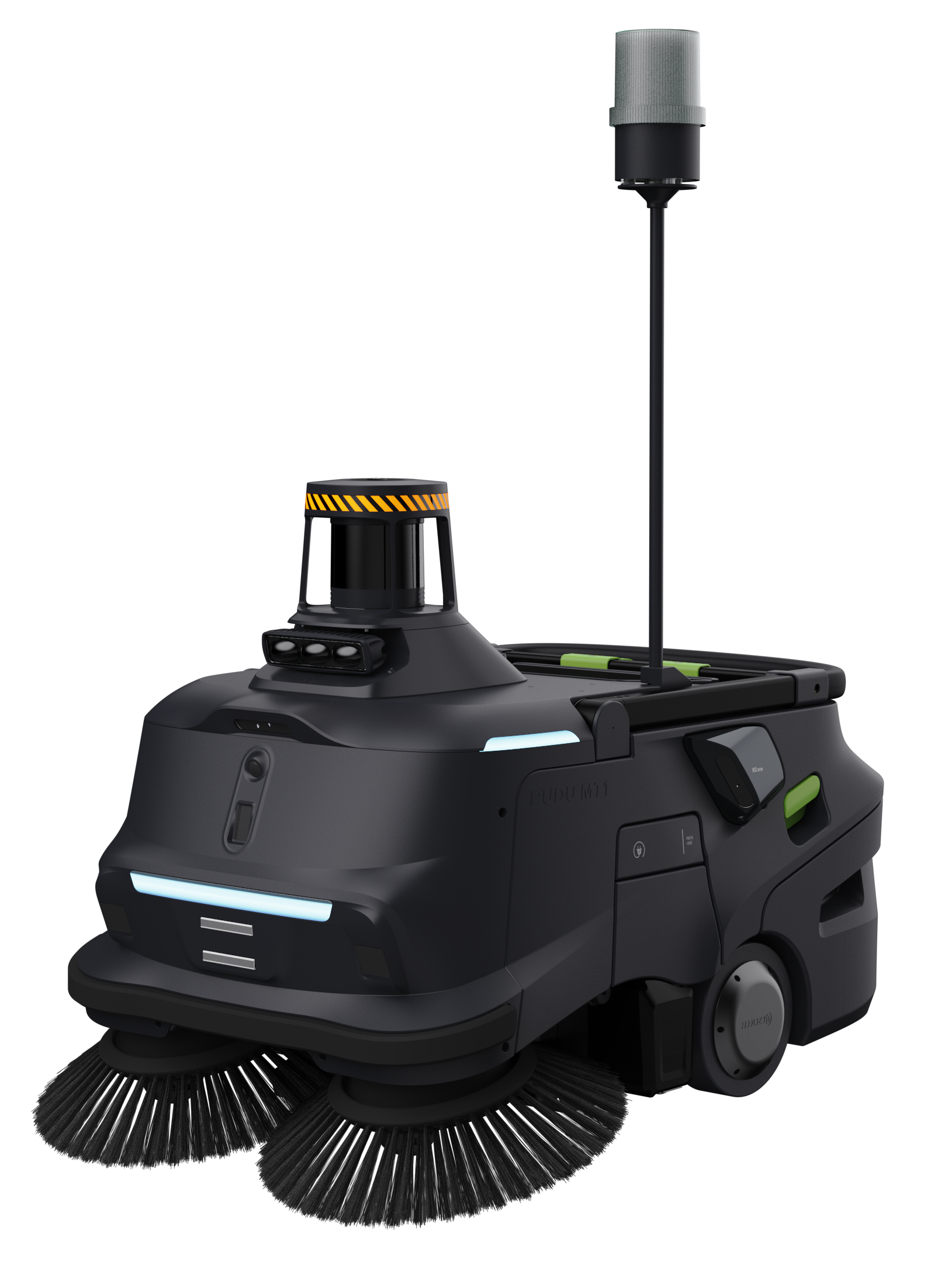 Black autonomous floor cleaning robot with dual rotating brushes and sensor mast.