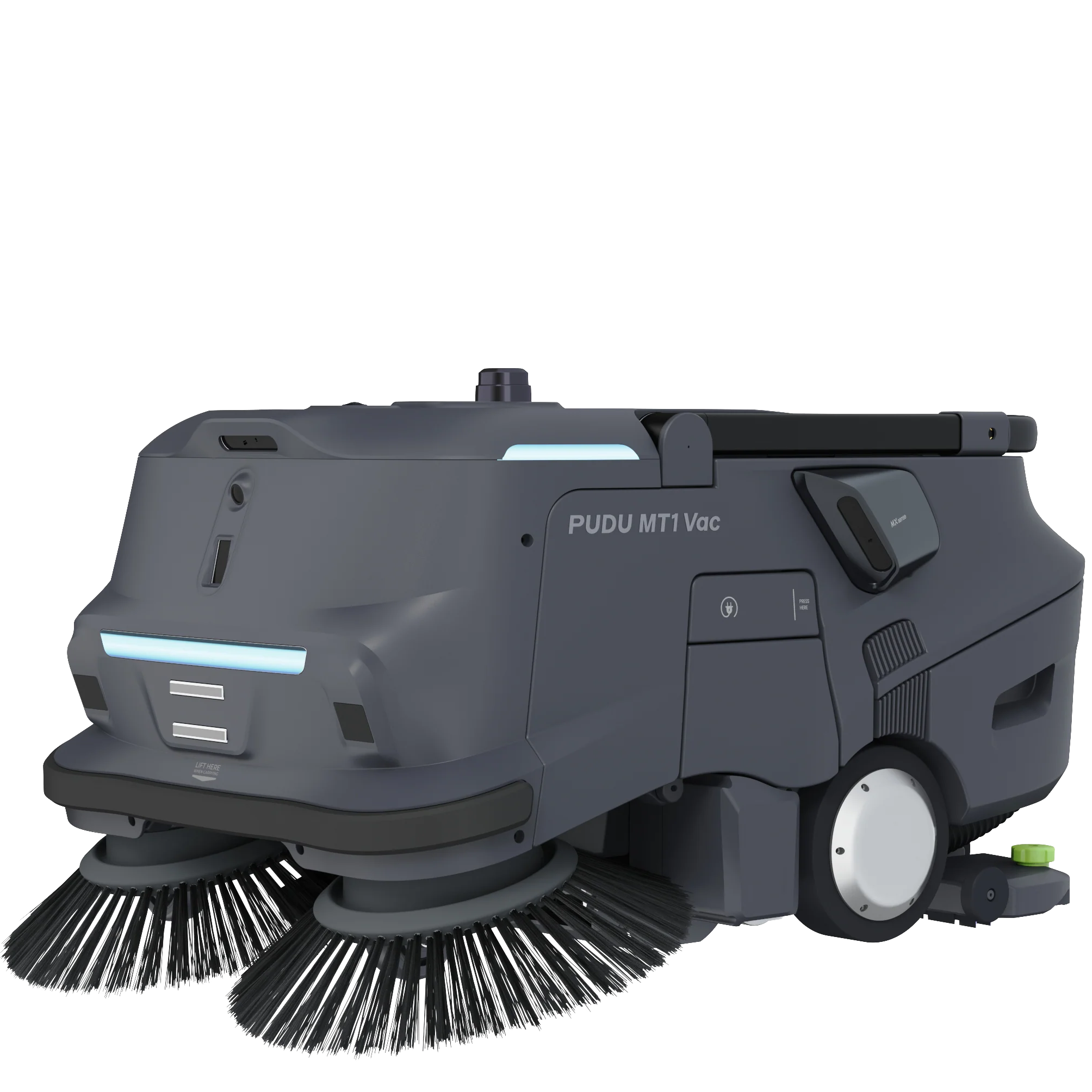 Pudu MT1 Vac autonomous floor sweeping robot with dual front brushes and sleek gray body.