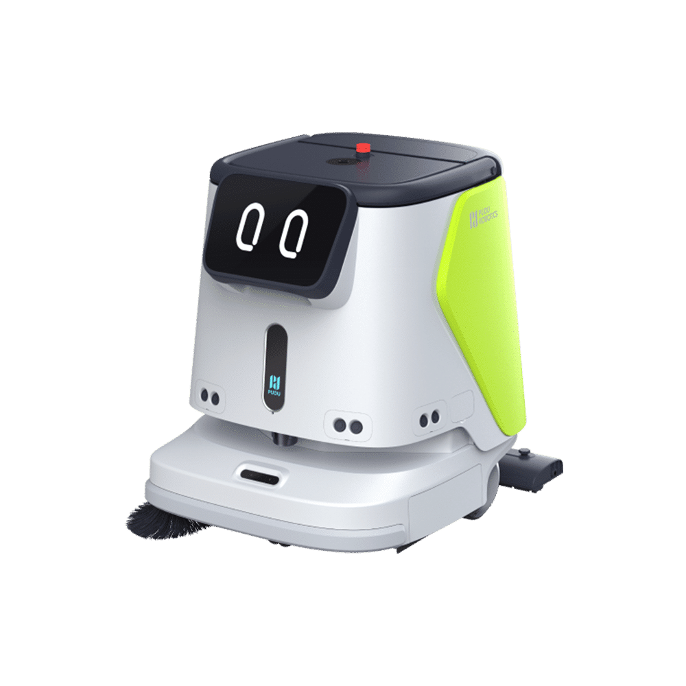 Compact autonomous floor cleaning robot with digital eyes on display and lime green side panels.