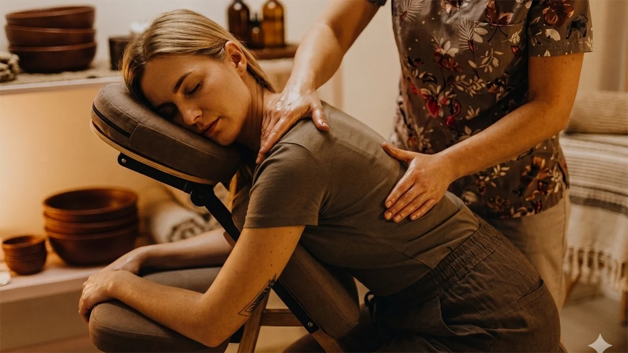 Une femme blonde détendue reçoit un massage du dos assise sur une chaise de massage spécialisée dans une pièce chaleureuse avec des bols en bois en arrière-plan.