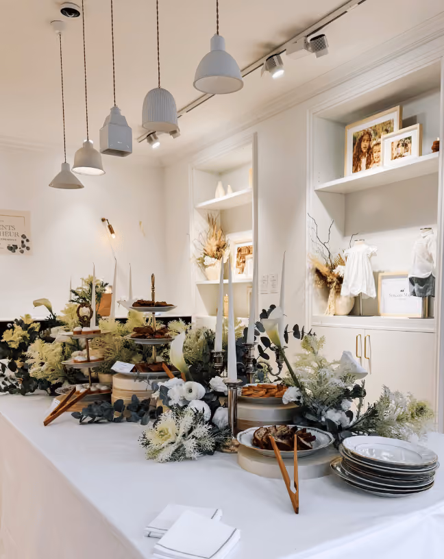 Buffet de pièces sucrées scénographié dans des tons blancs et verts, avec une mise en scène en volume et en hauteur