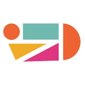 Abstract logo with an orange circle, orange semicircle, teal rectangle, yellow triangle, and pink trapezoid shapes arranged together.