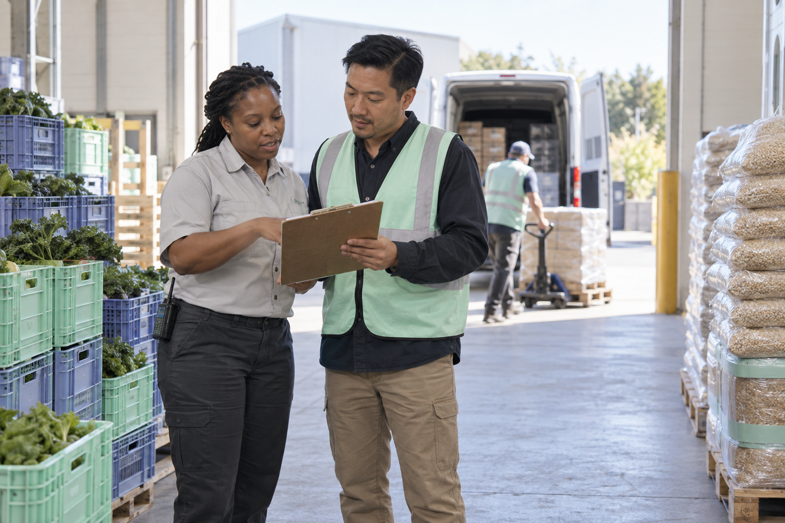 AI-generated illustration of supplier and warehouse partners checking a food delivery