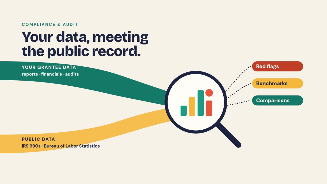 Slide labeled 'Compliance & audit' and titled 'Your data, meeting the public record.' A green band labeled 'Your grantee data: reports · financials · audits' and a yellow band labeled 'Public data: IRS 990s · Bureau of Labor Statistics' flow into a large magnifying glass containing a small bar chart. Dotted lines run from the magnifier to three labels: Red flags, Benchmarks and Comparisons.