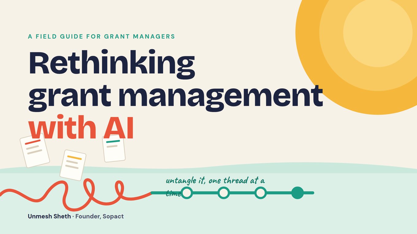 Title slide. Small teal capitals read “A field guide for grant managers” above the large headline “Rethinking grant management with AI,” with “with AI” in orange-red. Three small paper documents float above a tangled orange-red line along the bottom of the slide, which straightens into a teal line with four circular nodes, the last one filled in, under the handwritten words “untangle it, one thread at a time.” The footer reads “Unmesh Sheth · Founder, Sopact,” and large concentric yellow circles fill the top-right corner.