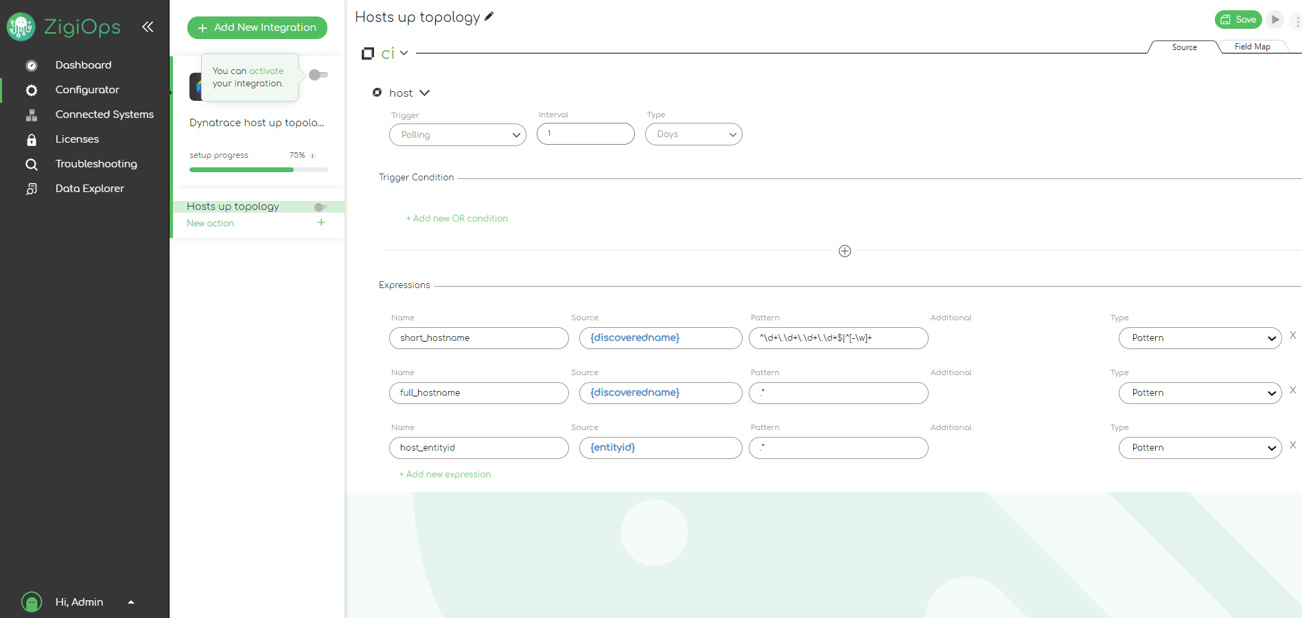 Screen-shot-of-ZigiOps-integration-platform-interface-showing-Dynatrace-host-up-topology-to-OBM-topology-transfer-RegEx-patterns