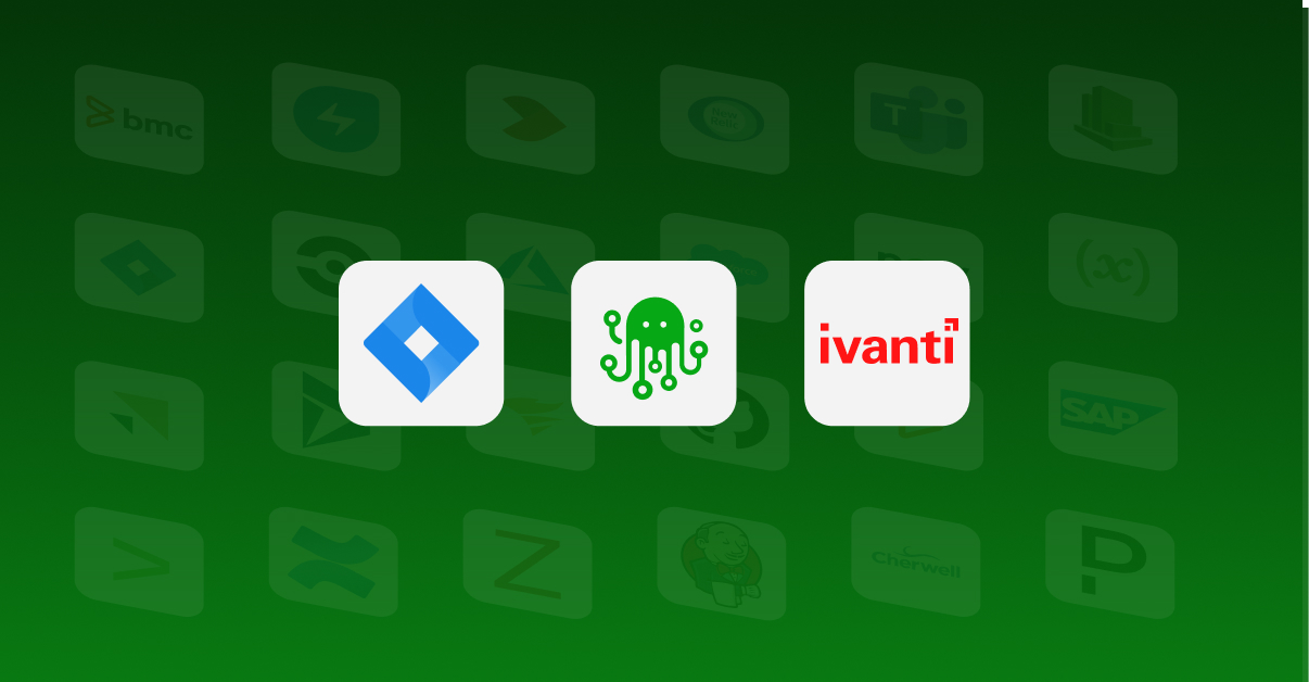 ZigiOps green octopus logo surrounded by Ivanti and Jira logos, on a green gradient as a background 